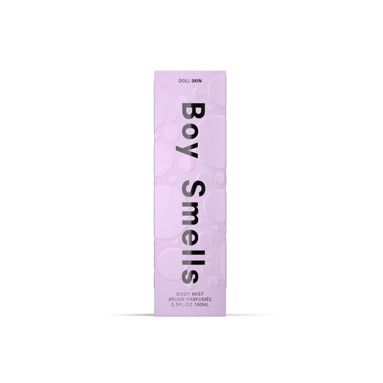 Purple packaging of 'Boy Smells' body mist on a white background