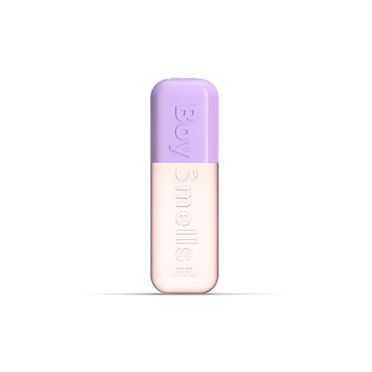 Small cylindrical container with a purple top and pink body on a white background