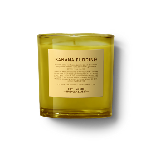 Front product image of Banana Pudding candle with clear yellow glass vessel and matte yellow label with black text.