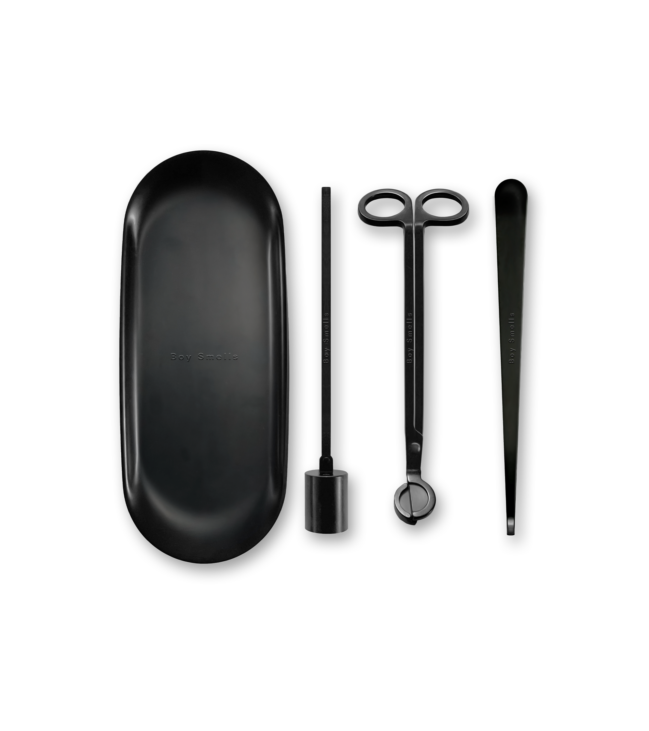 Product shot of 5 matte black tools against a neutral background all with a subtle boy smells logo on the tools.