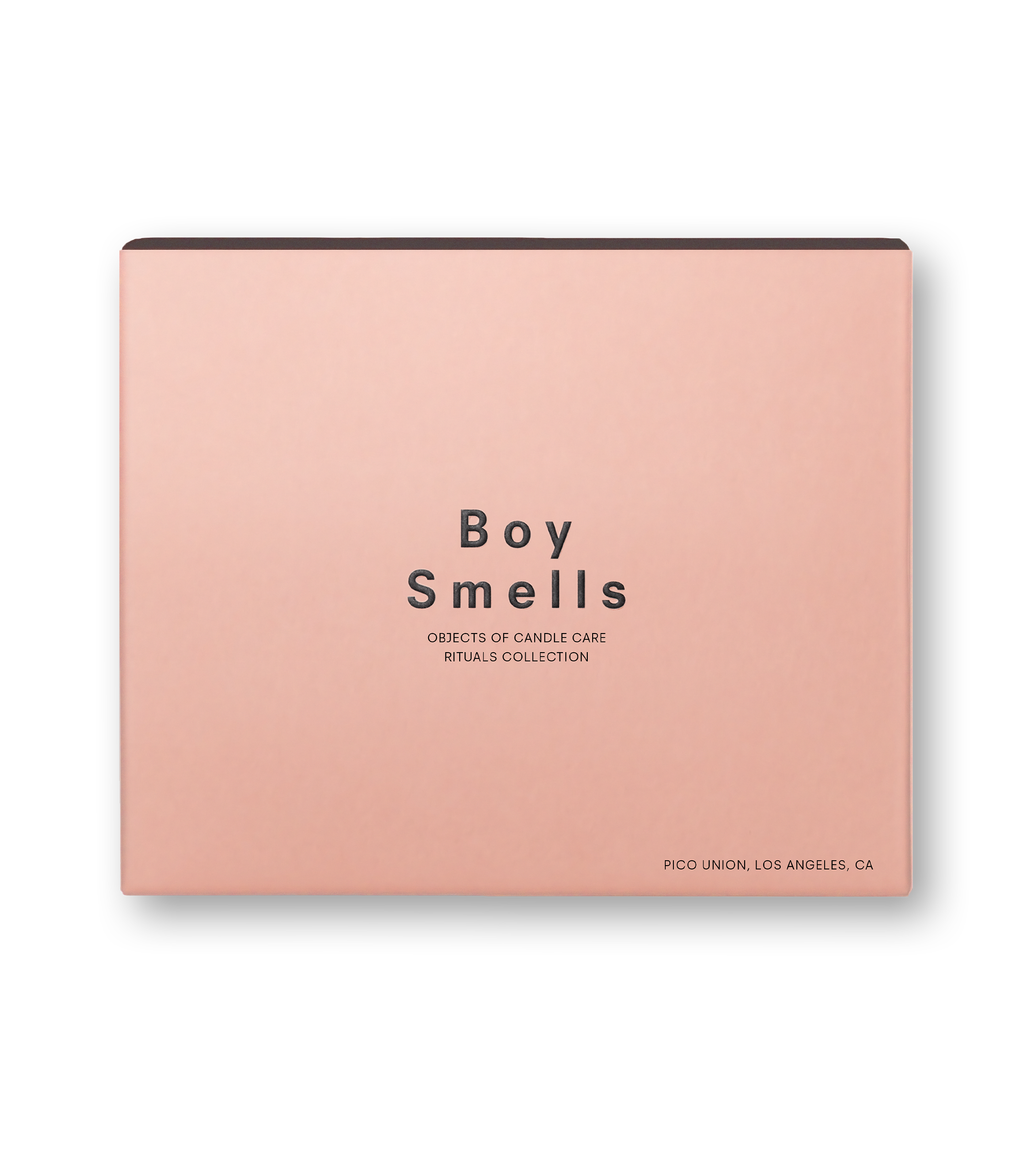 Product shot of the pink box with black text and the Boy Smells logo against a neutral background.